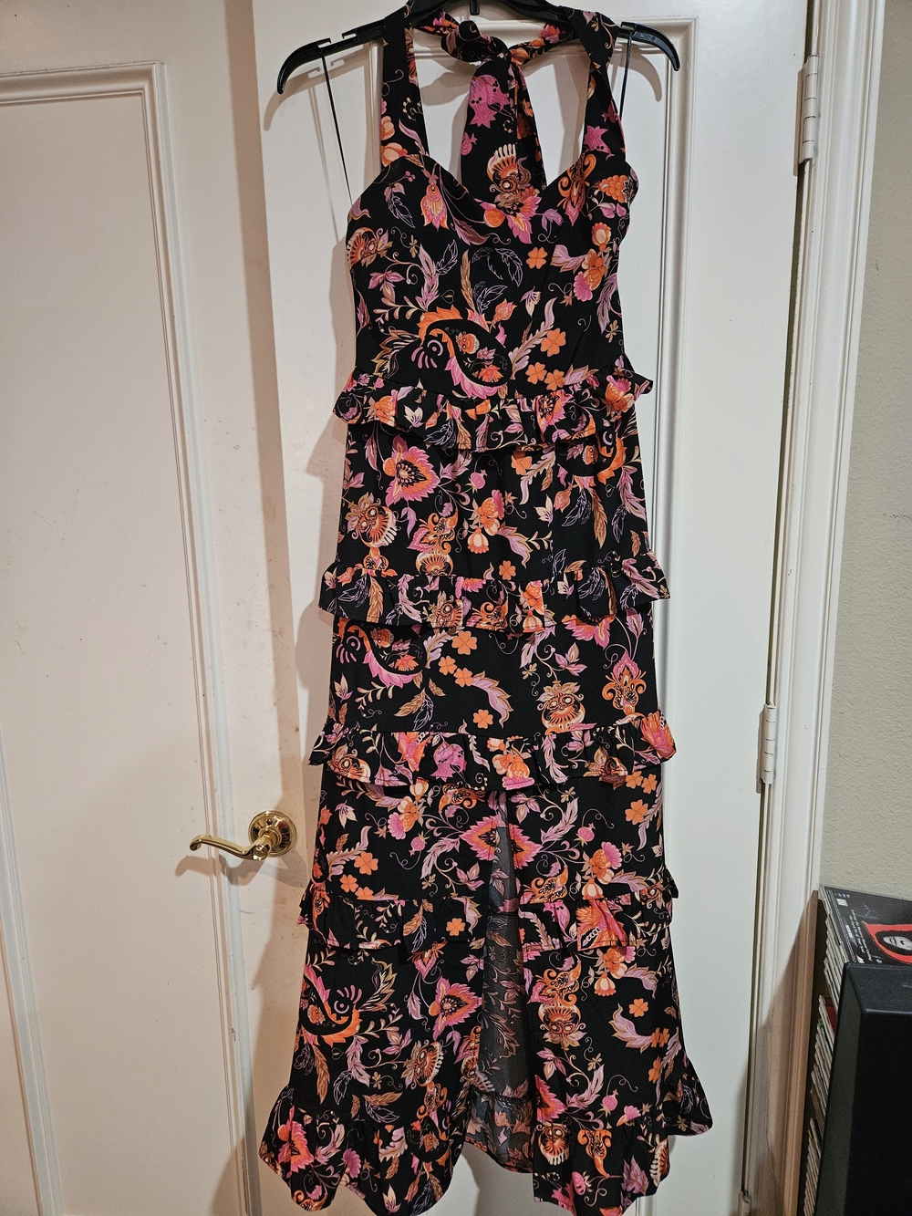 Love Black Floral Halter Dress with Pink & Orange Blooms